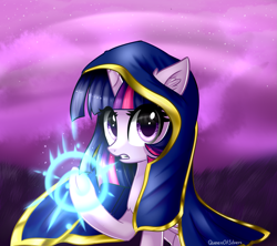 Size: 2173x1927 | Tagged: safe, artist:queenofsilvers, artist:queenofsilverss, derpibooru import, twilight sparkle, twilight sparkle (alicorn), alicorn, pony, g4, chest fluff, cloak, clothes, crossover, ear fluff, ears, eye clipping through hair, female, folded wings, glowing, glowing hooves, high res, horn, jaina proudmoore, looking at you, magic, mare, outdoors, raised hoof, raised leg, solo, warcraft, watermark, wings, world of warcraft