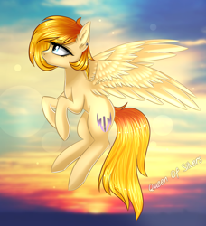 Size: 1186x1300 | Tagged: safe, artist:queenofsilvers, derpibooru import, oc, oc only, pegasus, pony, art trade, ear fluff, ears, female, flying, lens flare, mare, outdoors, pegasus oc, profile, side view, solo, spread wings, tail, watermark, wings