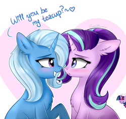Size: 1616x1526 | Tagged: safe, artist:queenofsilvers, derpibooru import, starlight glimmer, trixie, twilight sparkle, twilight sparkle (alicorn), alicorn, pony, unicorn, g4, :c, ><, blushing, chest fluff, cross-popping veins, cute, dialogue, diatrixes, duo, duo focus, ear fluff, ears, emanata, eye contact, eyes closed, female, floppy ears, frown, glimmerbetes, grin, heart, horn, lesbian, looking at each other, looking at someone, mare, offscreen character, profile, shipping, side view, signature, smiling, startrix, that pony sure does love teacups, trio, trio female