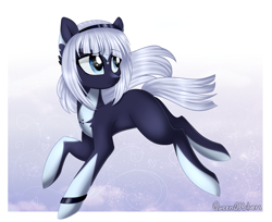 Size: 1977x1612 | Tagged: safe, artist:queenofsilvers, derpibooru import, oc, oc only, oc:yuna, earth pony, pony, art trade, blue coat, earth pony oc, eye clipping through hair, eyebrows, eyebrows visible through hair, female, looking sideways, mare, smiling, solo, tail, white mane