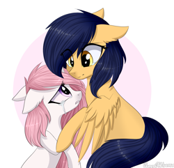 Size: 1621x1564 | Tagged: safe, artist:queenofsilvers, derpibooru import, oc, oc only, oc:vega light, pegasus, pony, unicorn, comforting, crying, duo, duo female, ear fluff, ears, eye clipping through hair, eyebrows, eyebrows visible through hair, female, horn, looking at each other, looking at someone, mare, pegasus oc, sad, signature, simple background, smiling, spread wings, tail, teary eyes, unicorn oc, white background, wings