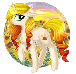Size: 1363x1324 | Tagged: safe, artist:queenofsilvers, derpibooru import, oc, oc only, oc:sunshine blossom, pony, unicorn, chest fluff, commission, ear fluff, ears, female, floppy ears, flower, horn, looking at you, mare, paw prints, profile, raised hoof, raised leg, side view, smiling, smiling at you, solo, sunflower, tail, unicorn oc