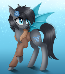 Size: 1410x1609 | Tagged: safe, artist:queenofsilvers, derpibooru import, oc, oc only, oc:seachell, bat pony, pony, bat ears, bat pony oc, bat wings, clothes, commission, ear fluff, ears, eye clipping through hair, eyebrows, eyebrows visible through hair, female, flower, flower in hair, gradient background, jacket, looking sideways, mare, raised hoof, raised leg, signature, slit eyes, smiling, solo, spread wings, standing, tail, wings