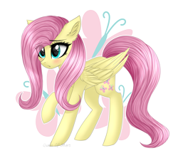Size: 1786x1585 | Tagged: safe, artist:queenofsilvers, derpibooru import, fluttershy, pegasus, pony, g4, blushing, cute, cutie mark, cutie mark background, ear fluff, ears, eye clipping through hair, eyebrows, eyebrows visible through hair, female, folded wings, mare, raised hoof, raised leg, shyabetes, signature, simple background, solo, standing, tail, transparent background, wings