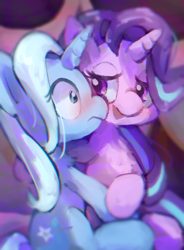 Size: 1000x1359 | Tagged: safe, artist:lexiedraw, derpibooru import, starlight glimmer, trixie, pony, unicorn, g4, blushing, duo, duo female, eye contact, female, holding hooves, horn, lesbian, lidded eyes, looking at each other, looking at someone, mare, open mouth, open smile, shipping, smiling, startrix