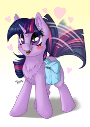 Size: 2894x4093 | Tagged: safe, artist:julunis14, derpibooru import, twilight sparkle, unicorn twilight, pony, unicorn, g4, adorkable, bag, behaving like a dog, blank flank, blushing, chest fluff, cute, digital art, dork, ear fluff, ears, excited, female, filly, filly twilight sparkle, foal, gradient background, happy, heart, high res, horn, medibang paint, open mouth, open smile, saddle bag, signature, smiling, solo, tail, tail wag, tooth gap, twiabetes, twilight dog, younger