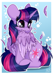 Size: 2894x4093 | Tagged: safe, artist:julunis14, derpibooru import, twilight sparkle, twilight sparkle (alicorn), alicorn, pony, g4, behaving like a bird, cute, feather, female, gradient background, grooming, high res, horn, mare, preening, sitting, solo, tail, twiabetes, wings