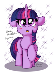 Size: 1414x2000 | Tagged: safe, artist:julunis14, derpibooru import, twilight sparkle, unicorn twilight, pony, unicorn, g4, blank flank, blushing, cheek fluff, chest fluff, cute, ears, female, filly, filly twilight sparkle, floppy ears, foal, horn, implied princess celestia, leg fluff, looking at someone, looking at you, looking up, raised hoof, raised leg, signature, simple background, solo, sparkles, tail, twiabetes, white background, younger