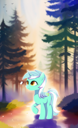 Size: 4000x6533 | Tagged: safe, artist:nnaly, derpibooru import, lyra heartstrings, butterfly, pony, unicorn, g4, absurd resolution, aura, cute, depth of field, female, forest, horn, looking at something, lyrabetes, mare, nature, open mouth, open smile, outdoors, raised hoof, raised leg, road, signature, smiling, solo, tail, tree