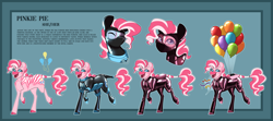 Size: 5438x2412 | Tagged: safe, artist:parrpitched, derpibooru import, pinkie pie, oc, oc:pinkie pie(prisoners of the moon), earth pony, zebra, g4, clothes, concave belly, fireheart76's latex suit design, latex, latex suit, prisoners of the moon, redesign, reference sheet, rubber, rubber suit