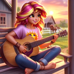 Size: 1024x1024 | Tagged: safe, ai content, derpibooru import, generator:bing image creator, generator:dall-e 3, machine learning generated, sunset shimmer, horse, human, equestria girls, g4, barefoot, clothes, cute, denim, farm, feet, guitar, jeans, musical instrument, pants, prompter:yet-one-more-idiot, shimmerbetes, shirt, sunset, t-shirt