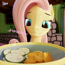 Size: 2048x2048 | Tagged: safe, artist:quicktimepony, derpibooru import, fluttershy, pegasus, pony, 3d, beauty mark, blender, bowl, carrot, cucumber, dialogue, female, food, kitchen, mare, micro, signature, smiling, solo