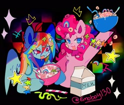 Size: 2048x1741 | Tagged: safe, artist:emoboy130, derpibooru import, pinkie pie, rainbow dash, earth pony, pegasus, pony, g4, :3, ahoge, armpits, bandaid, bipedal, blue coat, blue eyes, bowl, bracelet, cereal, checkered background, chest fluff, colored hooves, colored pinnae, curly hair, curly mane, cute, cute little fangs, drool, duo, duo female, ear fluff, ear piercing, ears, emanata, eye clipping through hair, eyelashes, fangs, female, floating crown, food, hair accessory, hairclip, hoof hold, jewelry, lidded eyes, long mane, looking at something, looking away, lucky charms, mane accessory, mare, milk carton, multicolored hair, multicolored mane, narrowed eyes, open mouth, open smile, patterned background, piercing, pink coat, pink eyes, pink mane, pink text, rainbow hair, raised hoof, raised leg, shiny hooves, shiny mane, shrunken pupils, signature, silly straw, smiling, sparkles, spoon, spread wings, straw, wingding eyes, wings