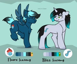 Size: 3000x2512 | Tagged: safe, artist:spoopygander, derpibooru import, oc, oc:blizz icesong, oc:fluoro icesong, pegasus, unicorn, horn, reference sheet