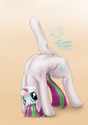 Size: 2894x4093 | Tagged: source needed, safe, artist:eltanin14d, derpibooru import, blossomforth, pegasus, pony, backbend, contortionist, female, flexible, freckles, gradient background, mare, ribcage, solo, tongue, tongue out