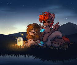 Size: 4500x3800 | Tagged: safe, artist:konejo, derpibooru import, oc, oc:hardy, alicorn, bat pony, firefly (insect), hybrid, insect, pony, blanket, chest fluff, duo, ear fluff, ears, female, fluffy tail, folded wings, glowing, glowing ears, glowing wings, grass, high res, jar, male, mare, mountain, night, oc x oc, shipping, smiling, spread wings, stallion, stars, straight, stroking, tail, water, wings