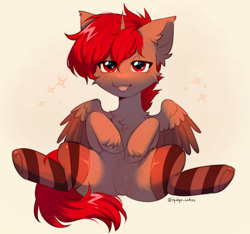 Size: 2379x2223 | Tagged: safe, artist:tyutya, derpibooru import, oc, oc only, oc:hardy, alicorn, pony, :p, belly, cheek fluff, chest fluff, clothes, ear fluff, ears, featureless crotch, gradient background, high res, hoof fluff, hoof heart, looking at you, male, socks, solo, spread legs, spread wings, spreading, stallion, striped socks, tongue, tongue out, underhoof, unshorn fetlocks, wings