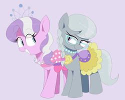 Size: 2500x2000 | Tagged: safe, artist:spoonie, derpibooru import, diamond tiara, silver spoon, earth pony, pony, g4, blush lines, blushing, duo, duo female, female, filly, foal, glasses, grin, jewelry, looking at each other, looking at someone, necklace, saddle, simple background, smiling, smiling at each other, tack, tiara, violet background