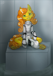 Size: 1266x1816 | Tagged: safe, artist:kenry dog, derpibooru import, oc, oc only, oc:anna pine, cyborg, earth pony, curly hair, curly mane, freckles, haydee, helmet, looking at you, sitting, solo, water