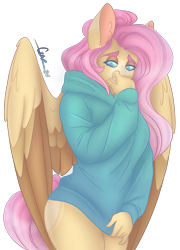 Size: 2809x3907 | Tagged: safe, artist:trashpanda czar, derpibooru import, fluttershy, anthro, pegasus, clothes, ear fluff, ears, female, folded wings, hair bun, hoodie, long tail, looking at you, simple background, solo, tail, transparent background, wings