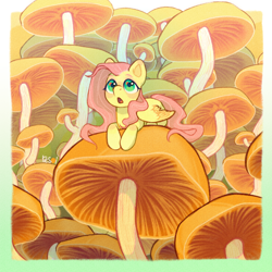 Size: 2900x2900 | Tagged: safe, artist:resoi0, derpibooru import, fluttershy, pegasus, pony, g4, :o, colored eyebrows, cute, female, giant mushroom, high res, mare, mushroom, open mouth, partially open wings, shyabetes, signature, solo, wings