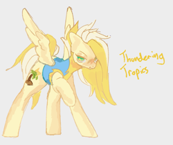 Size: 1295x1087 | Tagged: safe, artist:guccilarue, derpibooru import, oc, oc:thundering tropics, pegasus, pony, female, gray background, mare, pegasus oc, simple background, solo, yellow coat, yellow hair, yellow mane