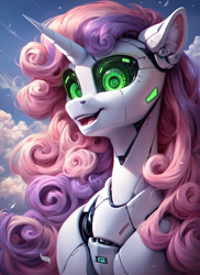 Size: 1024x1408 | Tagged: safe, ai content, derpibooru import, generator:pony diffusion v6 xl, generator:stable diffusion, machine learning generated, sweetie belle, sweetie bot, pony, robot, robot pony, unicorn, g4, bust, ear fluff, ears, female, green eyes, happy, horn, portrait, prompter:star-dragon, solo