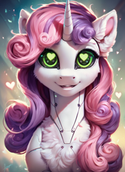 Size: 1024x1408 | Tagged: safe, ai content, derpibooru import, generator:pony diffusion v6 xl, generator:stable diffusion, machine learning generated, sweetie belle, sweetie bot, pony, robot, robot pony, unicorn, g4, bust, ear fluff, ears, female, green eyes, happy, heart, heart eyes, horn, portrait, prompter:star-dragon, solo, wingding eyes