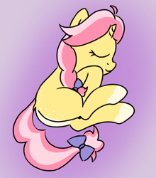 Size: 1234x1405 | Tagged: safe, artist:craftycirclepony, derpibooru import, oc, oc only, oc:crafty circles, unicorn, bow, butt freckles, coat markings, cute, eyes closed, female, filly, foal, freckles, gradient background, hair bow, hooves to the chest, horn, lying down, sleeping, smiling, socks (coat marking), solo