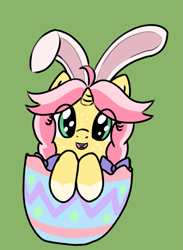 Size: 679x926 | Tagged: safe, artist:craftycirclepony, derpibooru import, oc, oc only, oc:crafty circles, unicorn, animal costume, bow, bucktooth, bunny costume, clothes, coat markings, costume, cute, easter, easter egg, egg, female, filly, foal, freckles, green background, hair bow, happy, horn, looking at you, simple background, smiling, socks (coat marking), solo