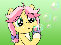 Size: 1390x1018 | Tagged: safe, artist:craftycirclepony, derpibooru import, oc, oc only, oc:crafty circles, unicorn, :o, blowing bubbles, bow, bubble, bubble blower, bust, coat markings, cute, female, filly, foal, freckles, gradient background, green background, hair bow, hoof hold, horn, open mouth, simple background, socks (coat marking), solo
