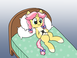 Size: 2000x1500 | Tagged: safe, artist:craftycirclepony, derpibooru import, oc, oc only, oc:crafty circles, unicorn, bed, bow, butt freckles, coat markings, controller, cute, female, filly, foal, freckles, gradient background, hair bow, hoof hold, horn, in bed, lying down, pillow, playing, smiling, socks (coat marking), solo, video game