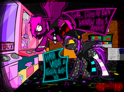 Size: 3614x2681 | Tagged: safe, artist:xxv4mp_g4z3rxx, derpibooru import, oc, oc only, oc:spaced out, oc:violet valium, bat pony, pony, angry, arcade, beanie, button, choker, claw machine, clothes, colored sclera, concession stand, detailed background, duo, flying, hat, hoodie, hospital band, implied rainbow dash, kandi bracelet, piercing, purple eyes, purple mane, purple tail, red eyes, signature, socks, speech bubble, spiked wristband, spread wings, striped socks, tail, tamagotchi, tanktop, torn clothes, two toned mane, two toned tail, vulgar, wings, wristband, yellow sclera