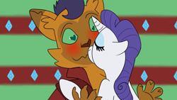 Size: 1280x720 | Tagged: safe, artist:helathahstudios, derpibooru import, capper dapperpaws, rarity, abyssinian, cat, pony, unicorn, g4, my little pony: the movie, blushing, capperity, duo, duo male and female, eyes closed, eyeshadow, feline, female, heart, heart eyes, horn, human shoulders, interspecies, kissing, makeup, male, shipping, straight, wingding eyes