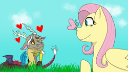 Size: 1280x720 | Tagged: safe, artist:helathahstudios, derpibooru import, discord, fluttershy, butterfly, draconequus, pegasus, pony, g4, butterfly on nose, cloud, discoshy, duo, duo male and female, female, grass, heart, insect on nose, interspecies, lidded eyes, lying down, male, raised hoof, raised leg, shipping, sky, smiling, straight