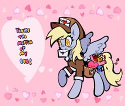 Size: 2031x1724 | Tagged: safe, artist:punkieple, derpibooru import, derpy hooves, pegasus, pony, bag, clothes, envelope, female, flower, hat, holiday, mail, mailmare, mailmare hat, mailmare uniform, mare, mouth hold, saddle bag, smiling, solo, spread wings, uniform, valentine's day, wings