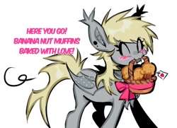 Size: 1492x1080 | Tagged: safe, artist:punkieple, derpibooru import, derpy hooves, bat pony, pony, ^^, basket, bat ponified, derpybat, english, eyes closed, female, food, mare, muffin, race swap, simple background, solo, white background