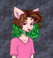 Size: 970x1080 | Tagged: safe, artist:n3tt0l, derpibooru import, oc, oc only, anthro, pony, 3d effect, brown eyes, brown hair, curly hair, displeased, eyelashes, gray background, green hair, half body, light skin, piercing, pink shirt, ponified, shiny eyes, shiny hair, simple background, solo, species swap, tongue, tongue out, tongue piercing
