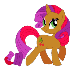 Size: 471x443 | Tagged: safe, artist:selenaede, artist:user15432, derpibooru import, cherry spices, pony, unicorn, g4, base used, brown coat, green eyes, horn, looking up, multicolored mane, multicolored tail, not babs seed, raised hoof, raised leg, rarity hair, recolor, simple background, smiling, solo, tail, transparent background