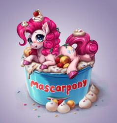 Size: 1835x1931 | Tagged: safe, artist:polnocnykot, derpibooru import, pinkie pie, earth pony, pony, g4, adorable face, berry, blue eyes, blushing, bow, box, candy, cheese, chest fluff, cream, curly hair, curly mane, cute, dessert, diapinkes, ear fluff, ears, eyebrows, female, fluffy, food, gradient background, hair bow, happy, hooves, looking at you, looking up, looking up at you, lying down, mare, mascarpone, open mouth, open smile, pink hair, pink mane, pony in a box, raised eyebrow, smiling, smiling at you, smol, solo, strawberry, sweets, tiny, tiny ponies, unshorn fetlocks, whipped cream