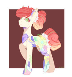 Size: 2373x2530 | Tagged: safe, artist:n3tt0l, derpibooru import, oc, oc only, earth pony, pony, art trade, female, flower, flower in hair, full body, green eyes, looking up, pink hair, smiling, solo, tattoo