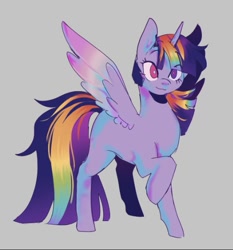 Size: 523x562 | Tagged: safe, artist:piesinful, artist:sinnerpie, derpibooru import, oc, oc only, alicorn, pony, eye clipping through hair, female, gray background, heterochromia, mare, simple background, solo, spread wings, wings