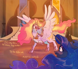 Size: 1700x1500 | Tagged: safe, artist:abbytabbys, derpibooru import, daybreaker, princess celestia, princess luna, alicorn, pony, g4, alternate universe, armor, armored wings, black sclera, blue coat, blue eyes, castle of the royal pony sisters, colored eyebrows, colored sclera, crown, curly hair, curly mane, dialogue, duo, duo female, ears, ethereal mane, ethereal tail, evil grin, eyelashes, female, fiery mane, fiery tail, floppy ears, frown, grin, helmet, hoof shoes, horn, indoors, jewelry, long horn, looking at each other, looking at someone, mare, multicolored mane, multicolored tail, open frown, open mouth, orange eyes, peytral, princess shoes, profile, raised hoof, raised leg, regalia, role reversal, royal sisters, screencap background, shrunken pupils, siblings, sisters, slit eyes, smiling, smiling at someone, spread wings, standing, starry mane, tail, talking, text, tiara, unicorn horn, wavy mane, wavy tail, white coat, wing armor, wing fluff, wingding eyes, wings, yellow text