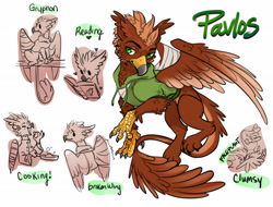 Size: 2974x2264 | Tagged: safe, artist:opalacorn, derpibooru import, oc, oc:pavlos, griffon, bandage, beak, broken bone, broken wing, cast, cheek fluff, claws, clothes, clumsy, colored wings, commission, cooking, eared griffon, faceplant, griffon oc, injured, male, non-pony oc, pain, reading, simple background, sling, tail, wings