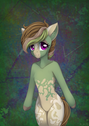 Size: 1530x2160 | Tagged: safe, artist:n3tt0l, derpibooru import, oc, oc only, anthro, earth pony, brown hair, coat markings, colored ears, eyelashes, gift art, green background, green skin, hips, looking at you, purple eyes, shiny eyes, short hair, simple background, smiling, smiling at you, solo, spots