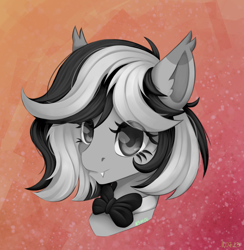 Size: 2106x2160 | Tagged: safe, artist:n3tt0l, derpibooru import, oc, oc only, bat pony, pony, black hair, bow, fangs, gradient background, gray eyes, gray skin, looking at you, shiny eyes, shiny hair, smiling, smiling at you, solo, striped hair, white hair