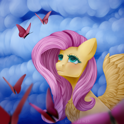 Size: 2000x2000 | Tagged: safe, artist:n3tt0l, derpibooru import, fluttershy, butterfly, pegasus, pony, g4, blushing, chest fluff, cloud, cute, eyelashes, half body, shy, shyabetes, sky, smiling, solo, spread wings, wings