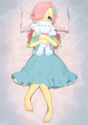 Size: 2894x4093 | Tagged: safe, artist:でかすじ, derpibooru import, fluttershy, human, equestria girls, g4, barefoot, bed, blushing, clothes, dress, feet, hug, looking at you, lying down, on back, pillow, plushie, solo, younger