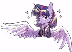 Size: 2048x1492 | Tagged: safe, artist:ssssn_sanao, derpibooru import, twilight sparkle, twilight sparkle (alicorn), alicorn, pony, g4, clothes, cute, female, half body, horn, looking at you, simple background, smiling, smiling at you, solo, sparkles, spread wings, white background, wings