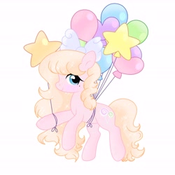 Size: 6890x6890 | Tagged: safe, artist:riofluttershy, derpibooru import, oc, oc only, oc:skywalker, earth pony, pony, balloon, blonde, blonde hair, blonde mane, blue eyes, bow, cute, female, hair bow, heart, heart balloon, long hair, looking at you, mare, simple background, smiling, smiling at you, solo, sparkles, white background